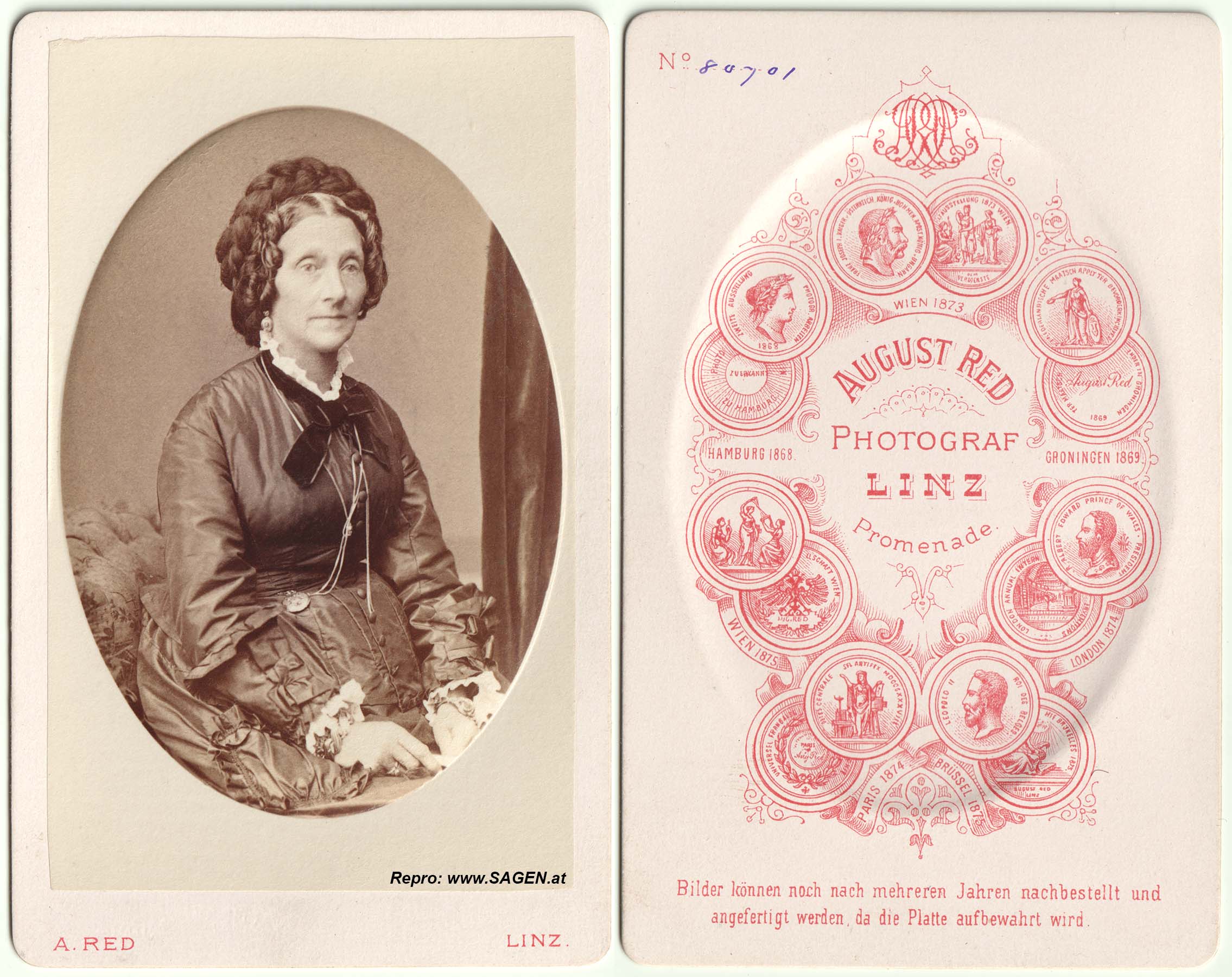 Porträt einer Dame bei Fotograf August Red in Linz um 1875