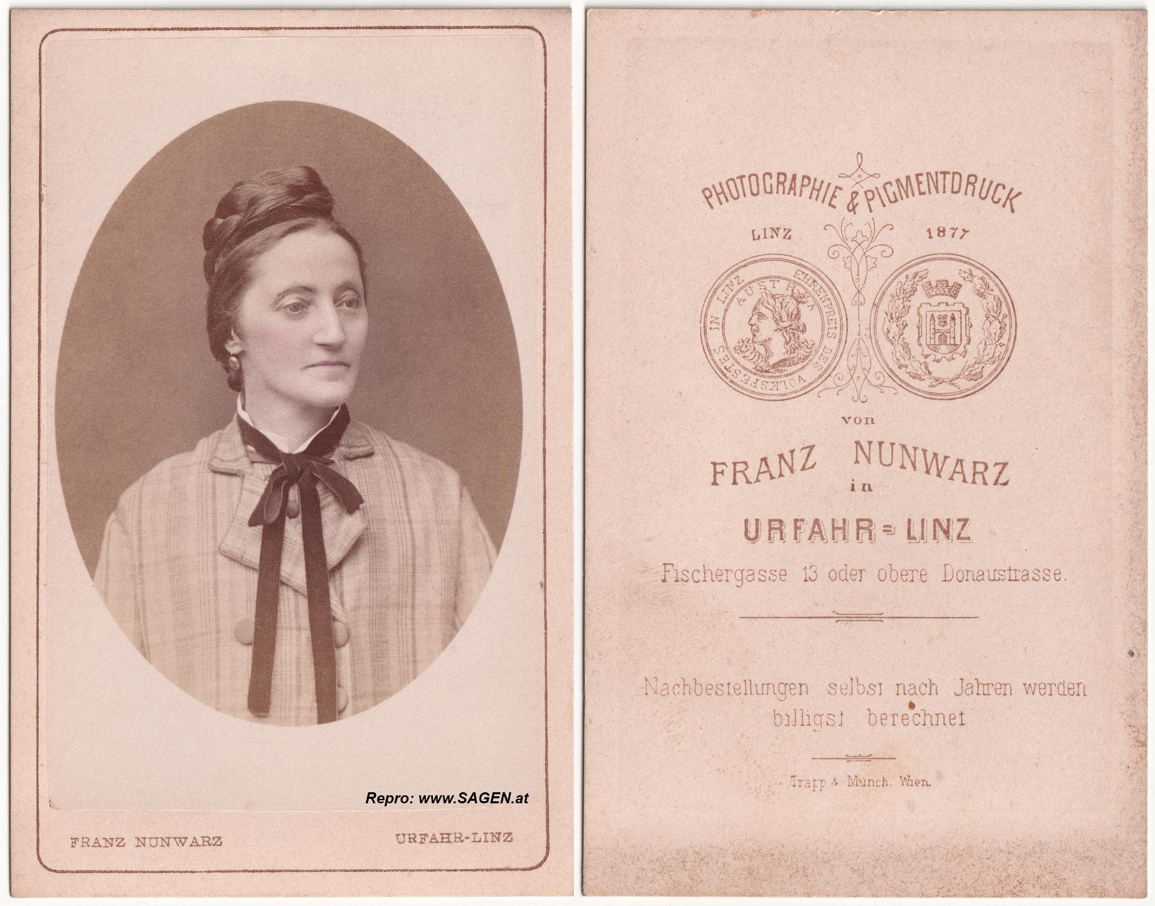 Porträt einer Dame bei Fotografie Franz Nunwarz in Linz-Urfahr um 1877