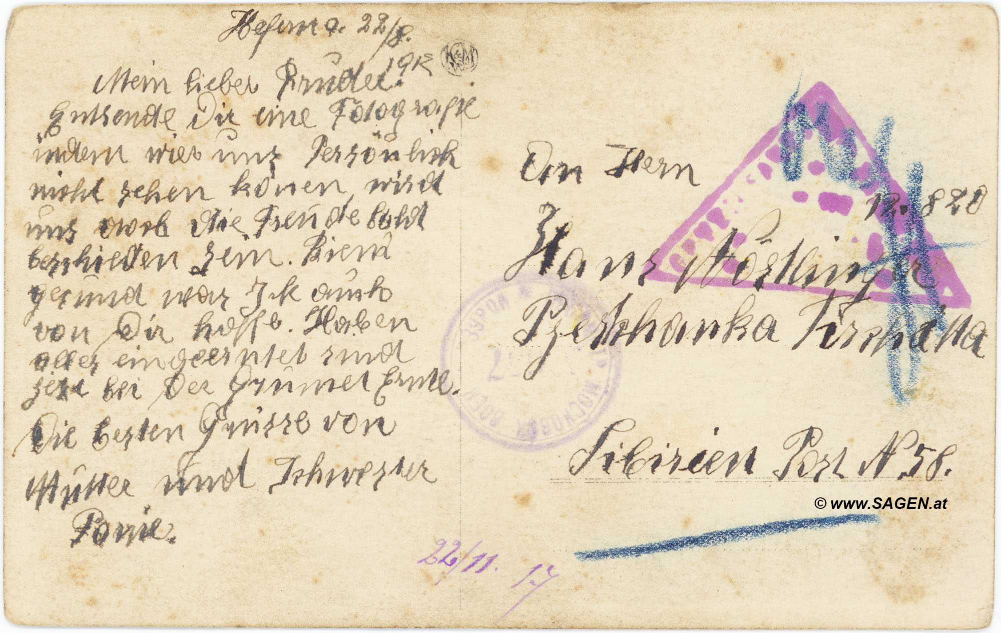 Postkarte Kriegsgefangenschaft Sibirien 1917