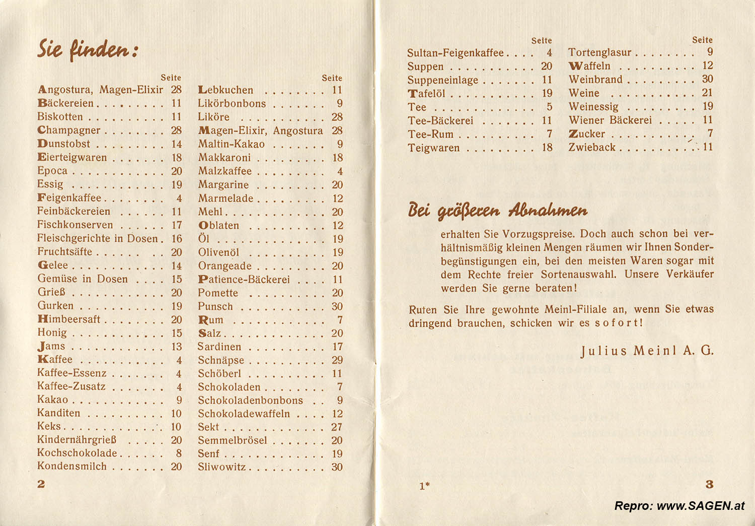 Preisliste von Julius Meinl