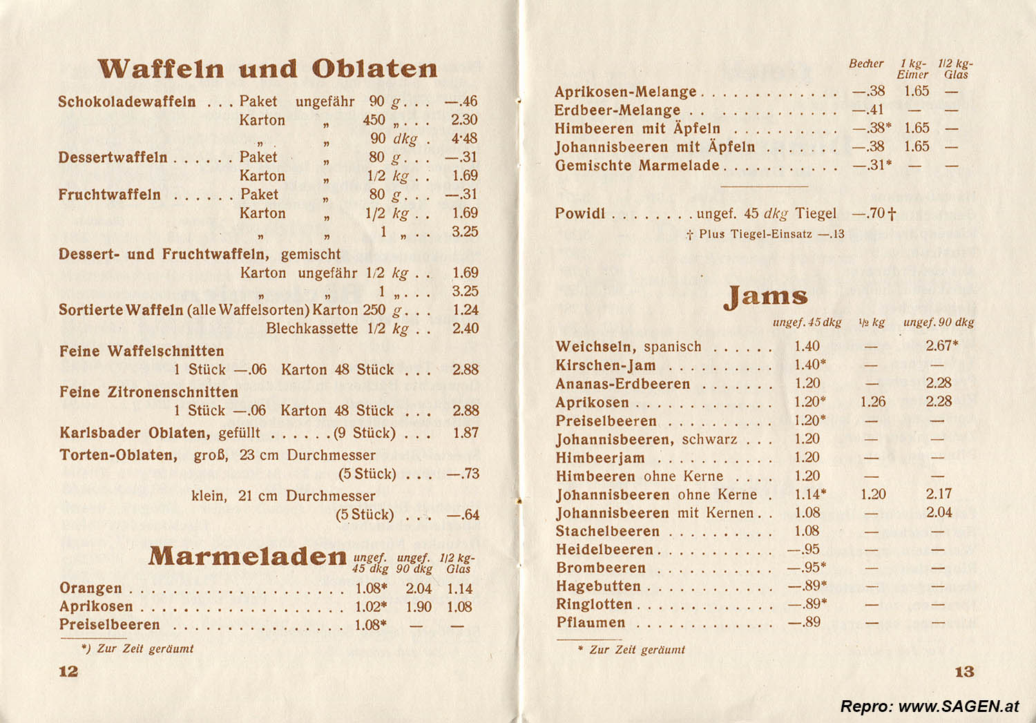 Preisliste von Julius Meinl