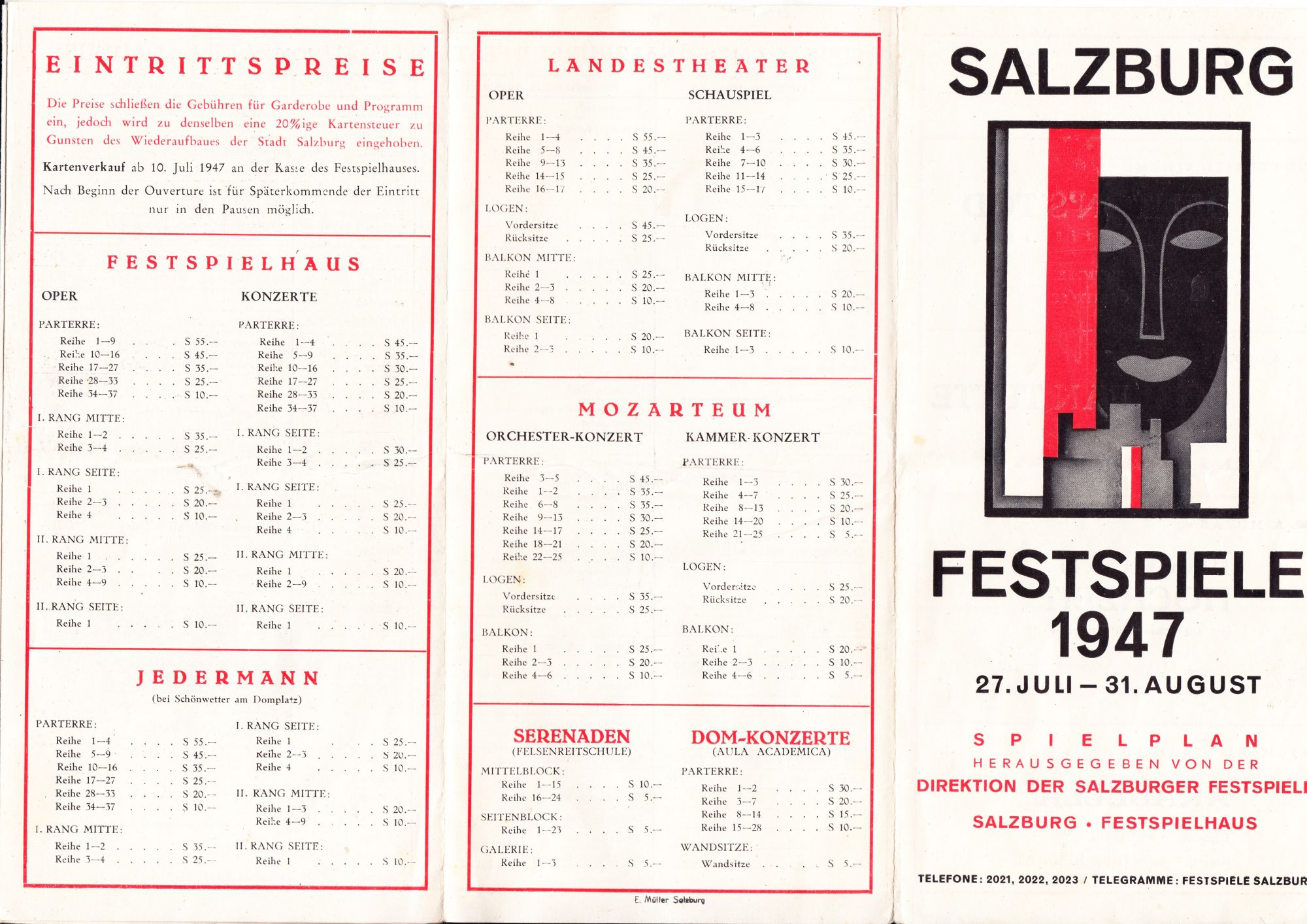 Programmzettel Preisliste Salzburger Festspiele 1947