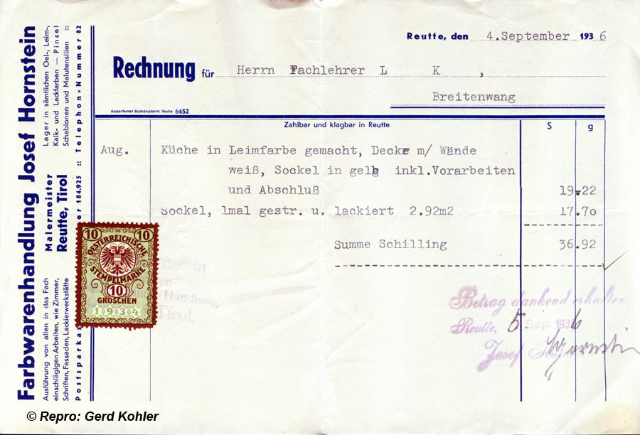 Rechnung aus dem Jahr 1936