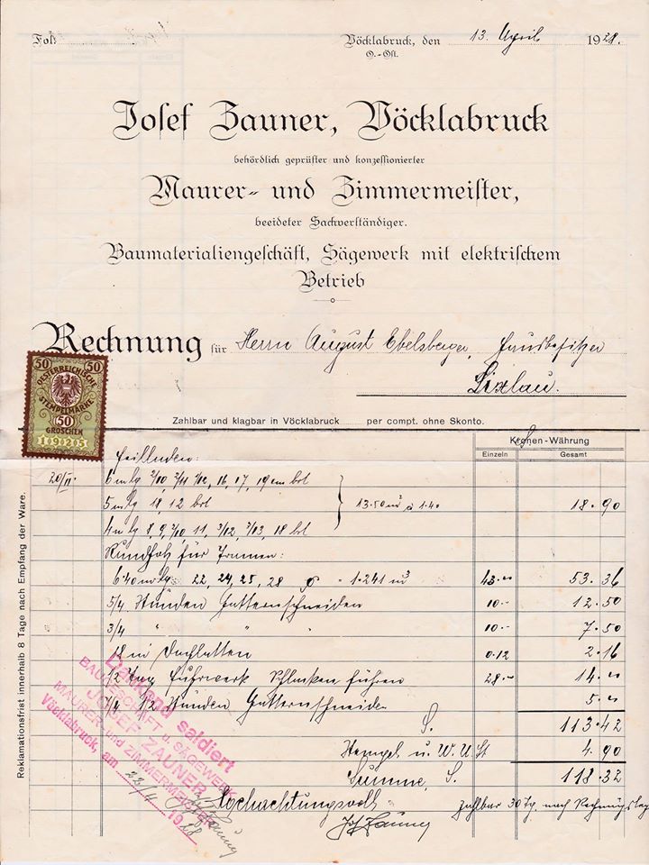 Rechnung Sägewerk Zauner Vöcklabruck 1928
