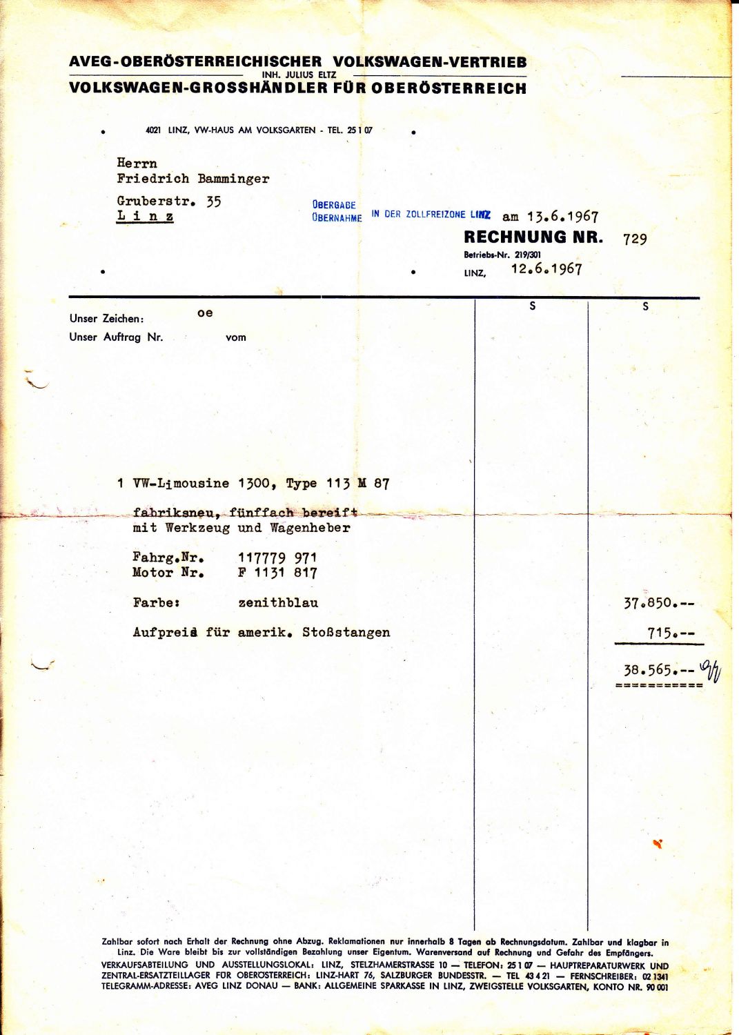 Rechnung VW Käfer von 1967