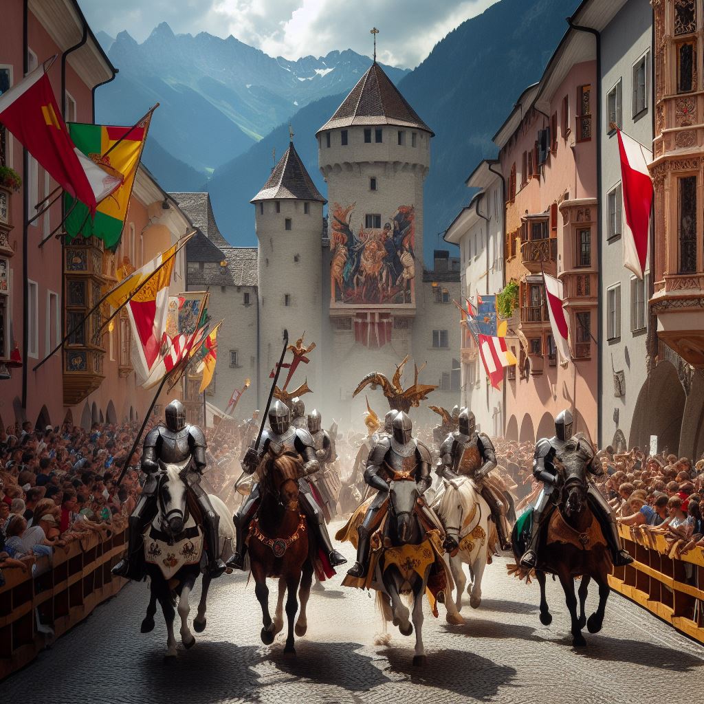 Ritter reiten durch Innsbruck am Weg zum Turnier