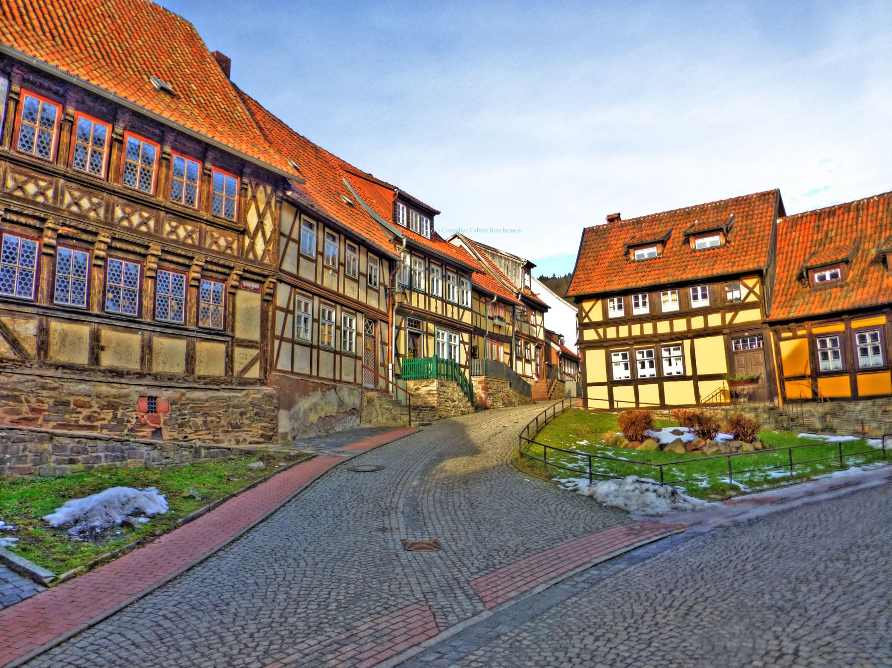 schönste Fachwerkfassaden in der Töpfergasse. Stolberg/Südharz.