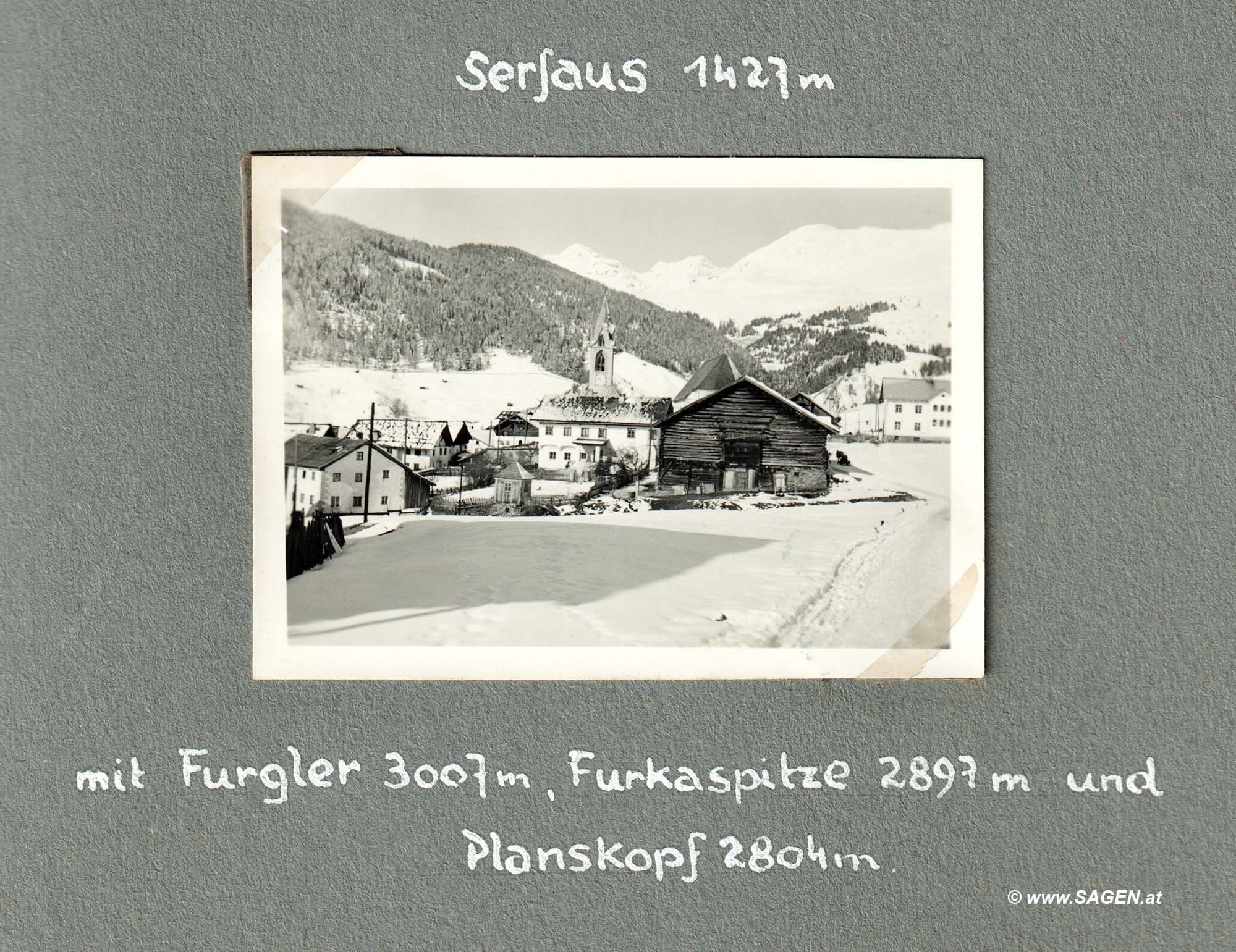 Serfaus mit Furgler, Furkaspitze und Planskopf (Schi-Urlaub 1936 in Serfaus, Tirol)