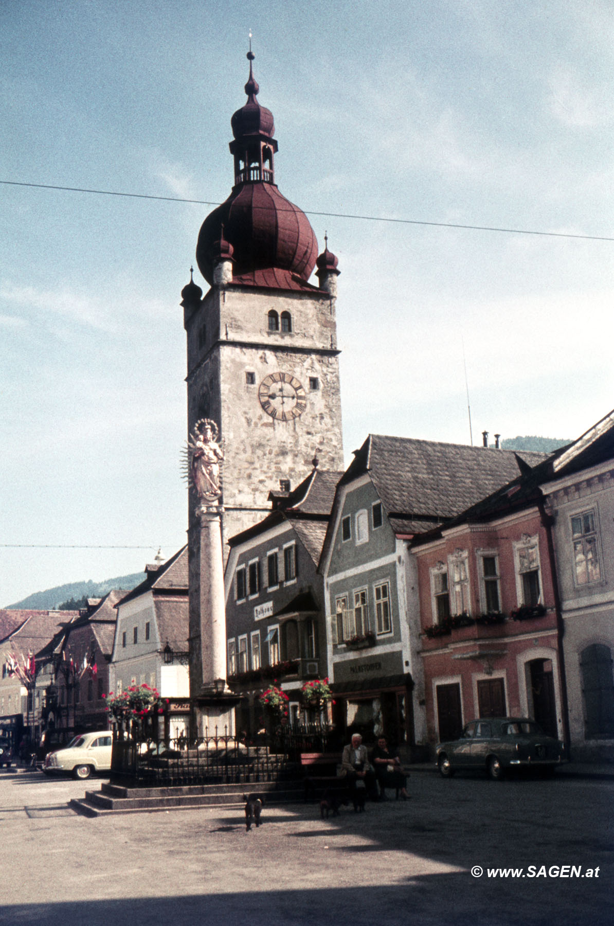Stadtturm mit Mariensäule Waidhofen an der Ybbs 1950er Jahre