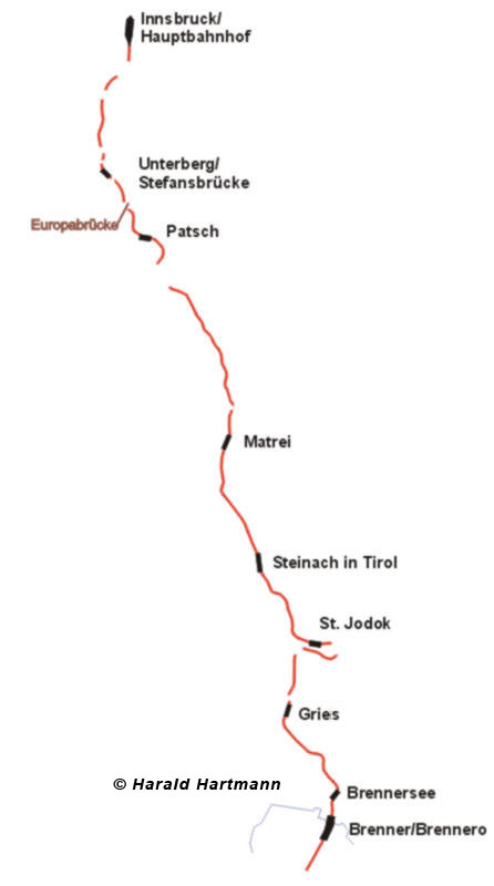 Streckenplan Brennereisenbahn Innsbruck - Brennero