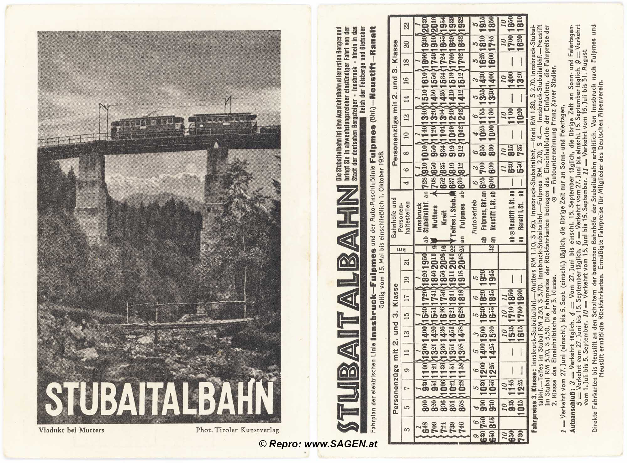 Stubaitalbahn, Viadukt bei Mutters, Fahrplan 1938