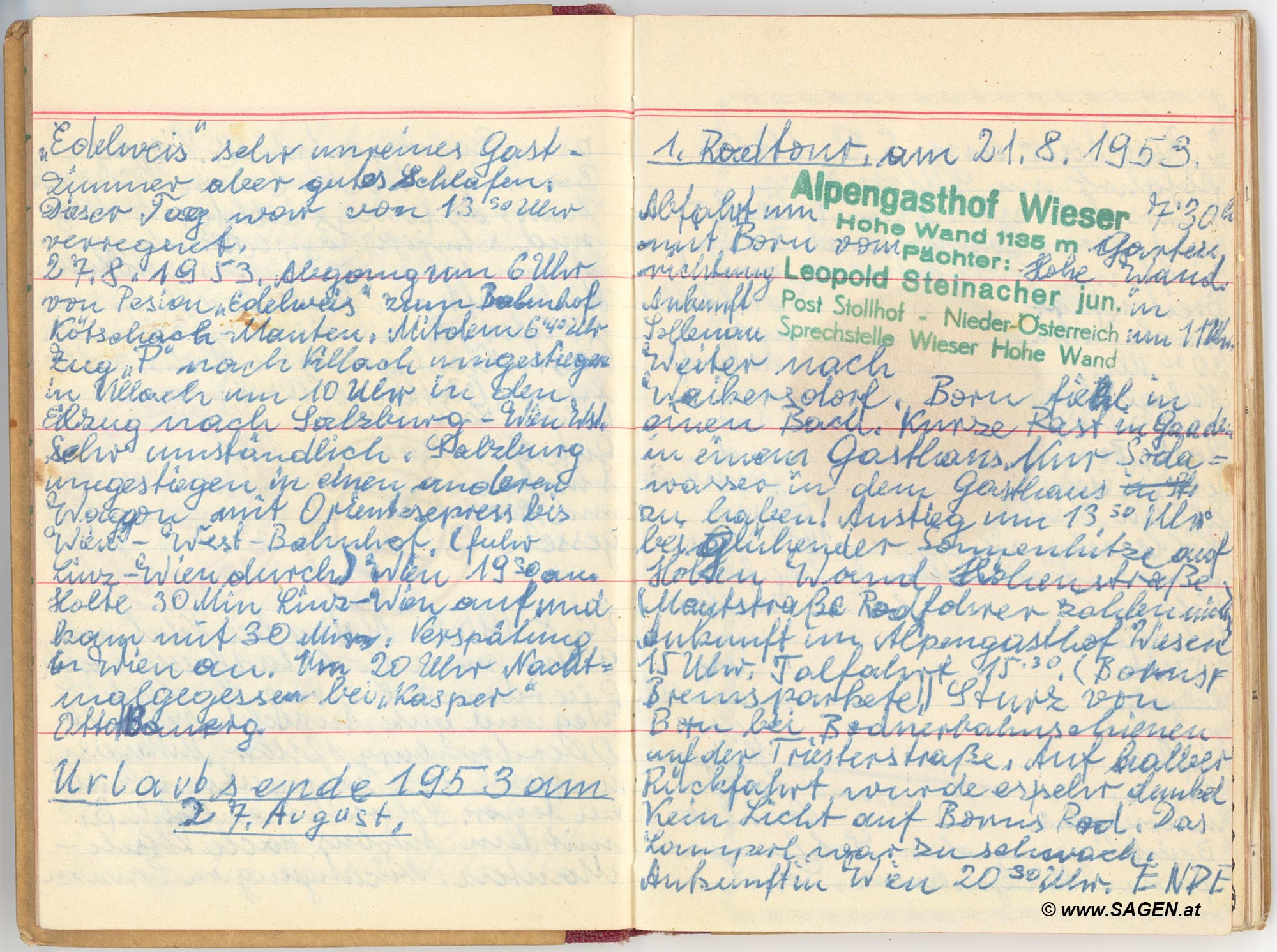 Tagebuch Urlaub in Österreich 1953 - 1957