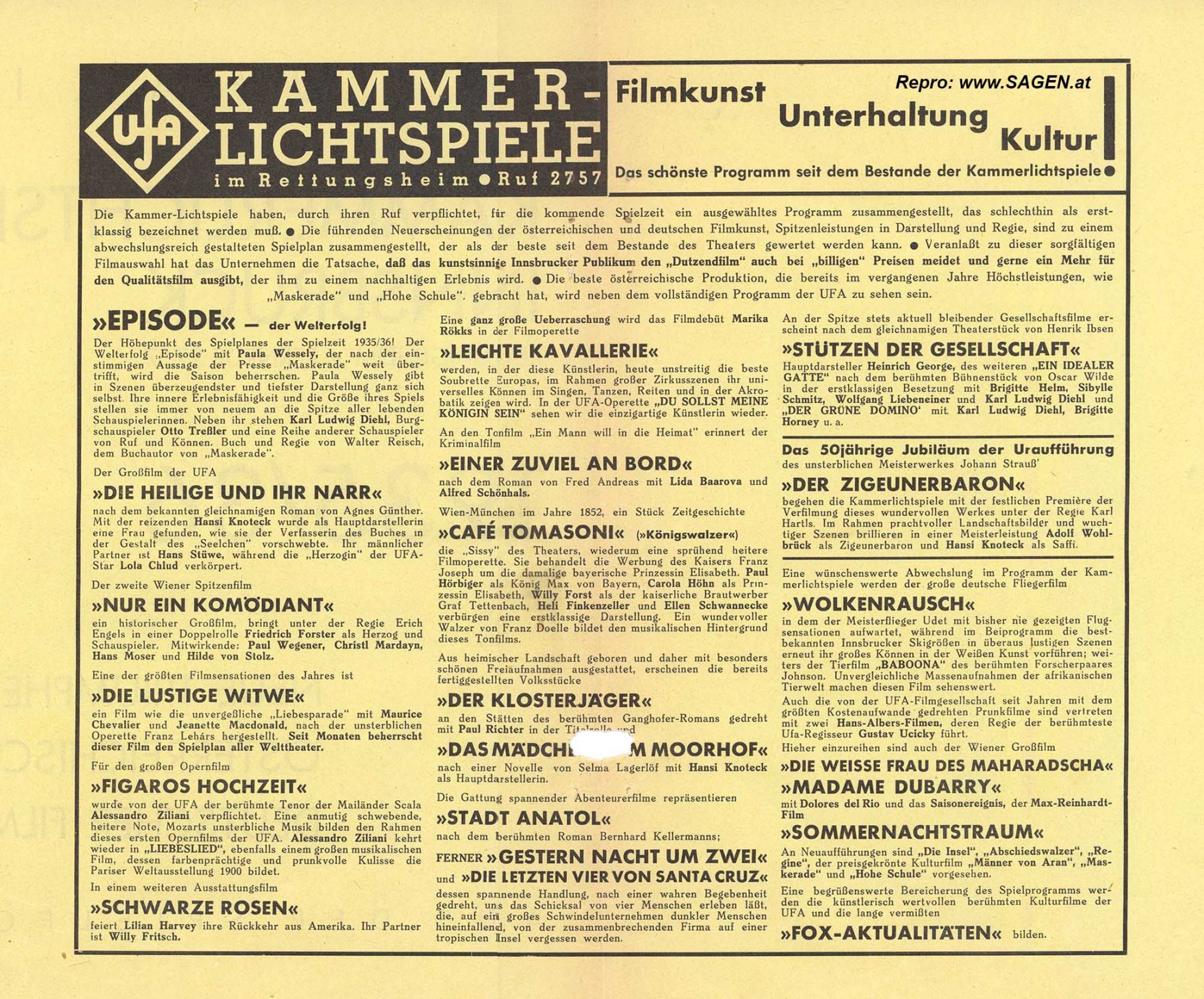 UFA Kammerlichtspiele Innsbruck  1935/36