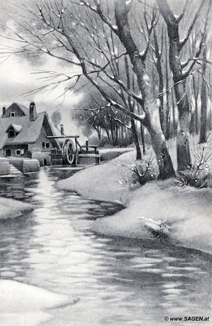 Wassermühle auf Neujahrskarte