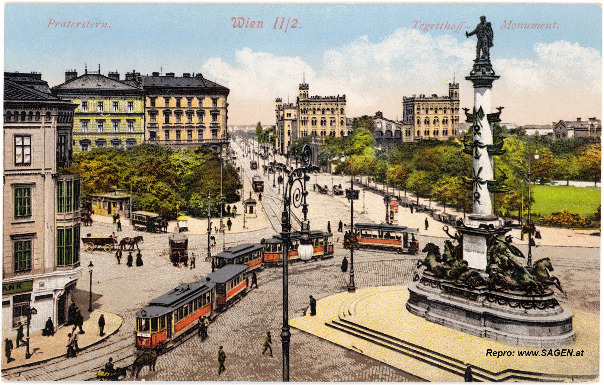 Wien, Praterstern, Tegetthoff-Denkmal und viele Straßenbahnen