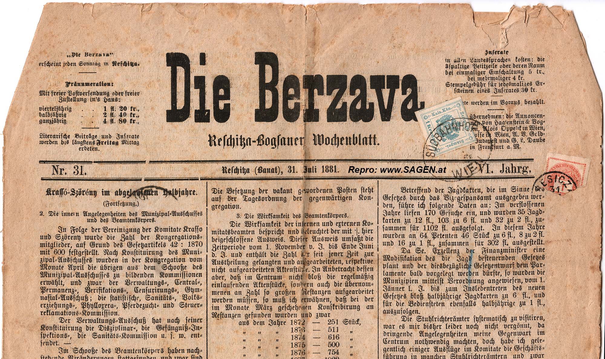 Zeitung von gestern - Die Berzava 31. Juli 1881