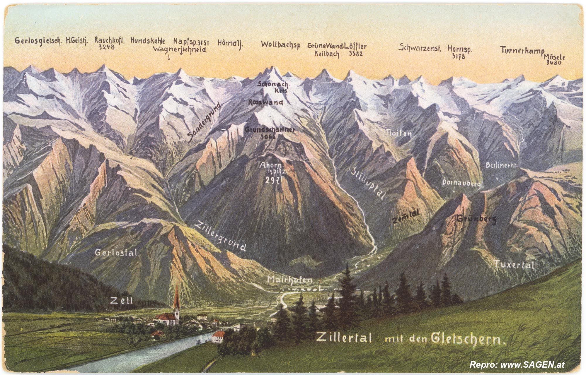 Zillertal mit den Gletschern um 1918